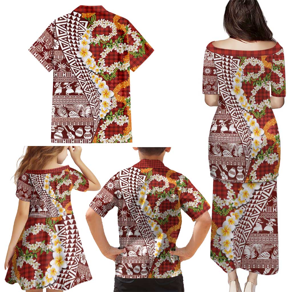 Hawaiian Plumeria Lei Family Matching Puletasi and Hawaiian Shirt Kakau Motifs and Palaka Half Style Red Color - Polynesian Pride