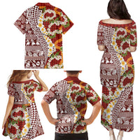 Hawaiian Plumeria Lei Family Matching Puletasi and Hawaiian Shirt Kakau Motifs and Palaka Half Style Red Color - Polynesian Pride