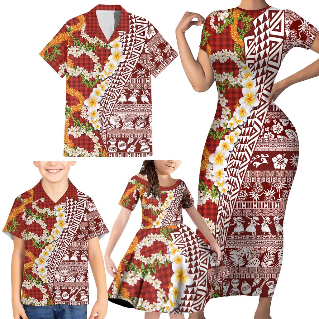 Hawaiian Plumeria Lei Family Matching Short Sleeve Bodycon Dress and Hawaiian Shirt Kakau Motifs and Palaka Half Style Red Color - Polynesian Pride