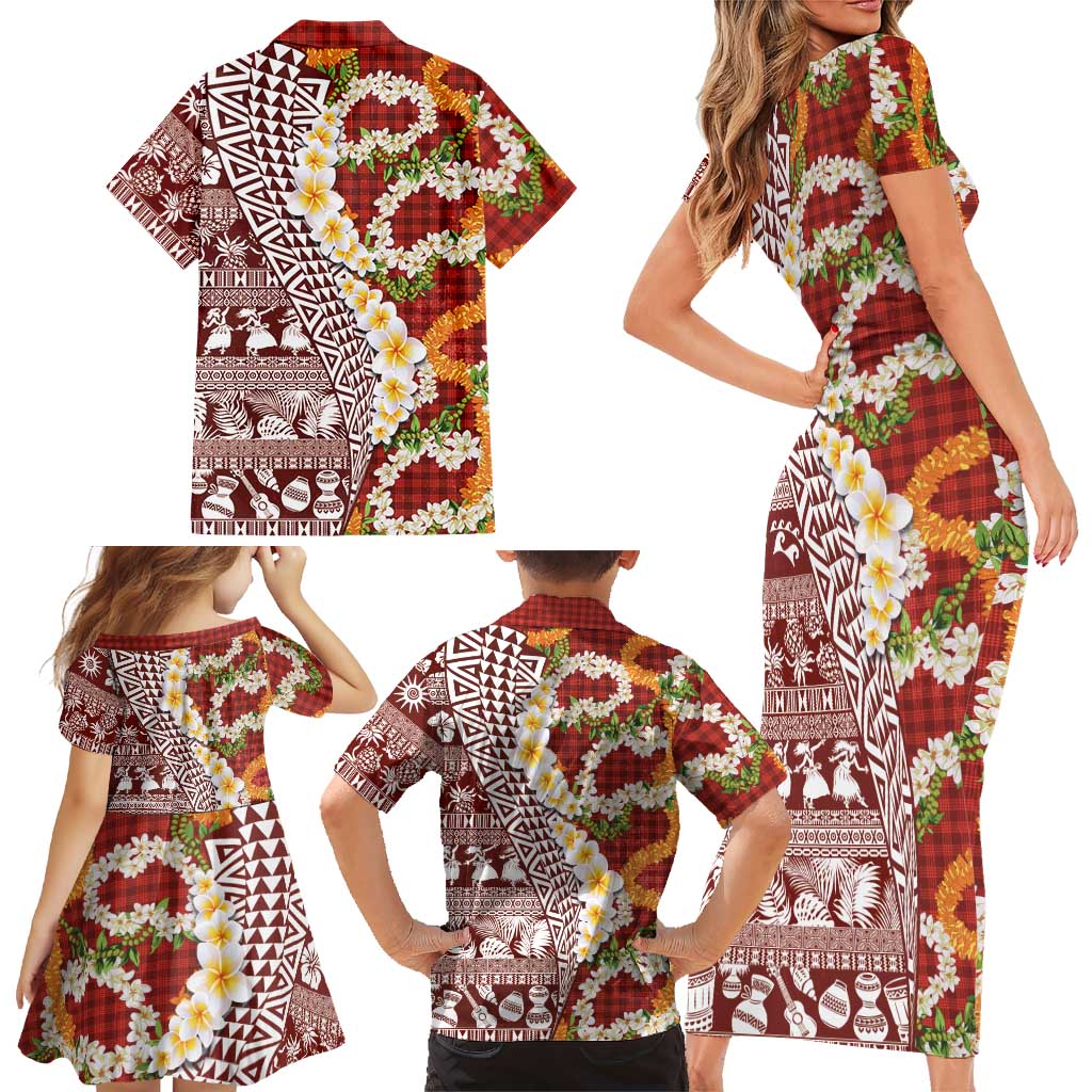 Hawaiian Plumeria Lei Family Matching Short Sleeve Bodycon Dress and Hawaiian Shirt Kakau Motifs and Palaka Half Style Red Color - Polynesian Pride