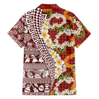 Hawaiian Plumeria Lei Family Matching Short Sleeve Bodycon Dress and Hawaiian Shirt Kakau Motifs and Palaka Half Style Red Color - Polynesian Pride