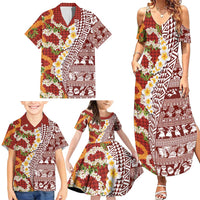 Hawaiian Plumeria Lei Family Matching Summer Maxi Dress and Hawaiian Shirt Kakau Motifs and Palaka Half Style Red Color - Polynesian Pride