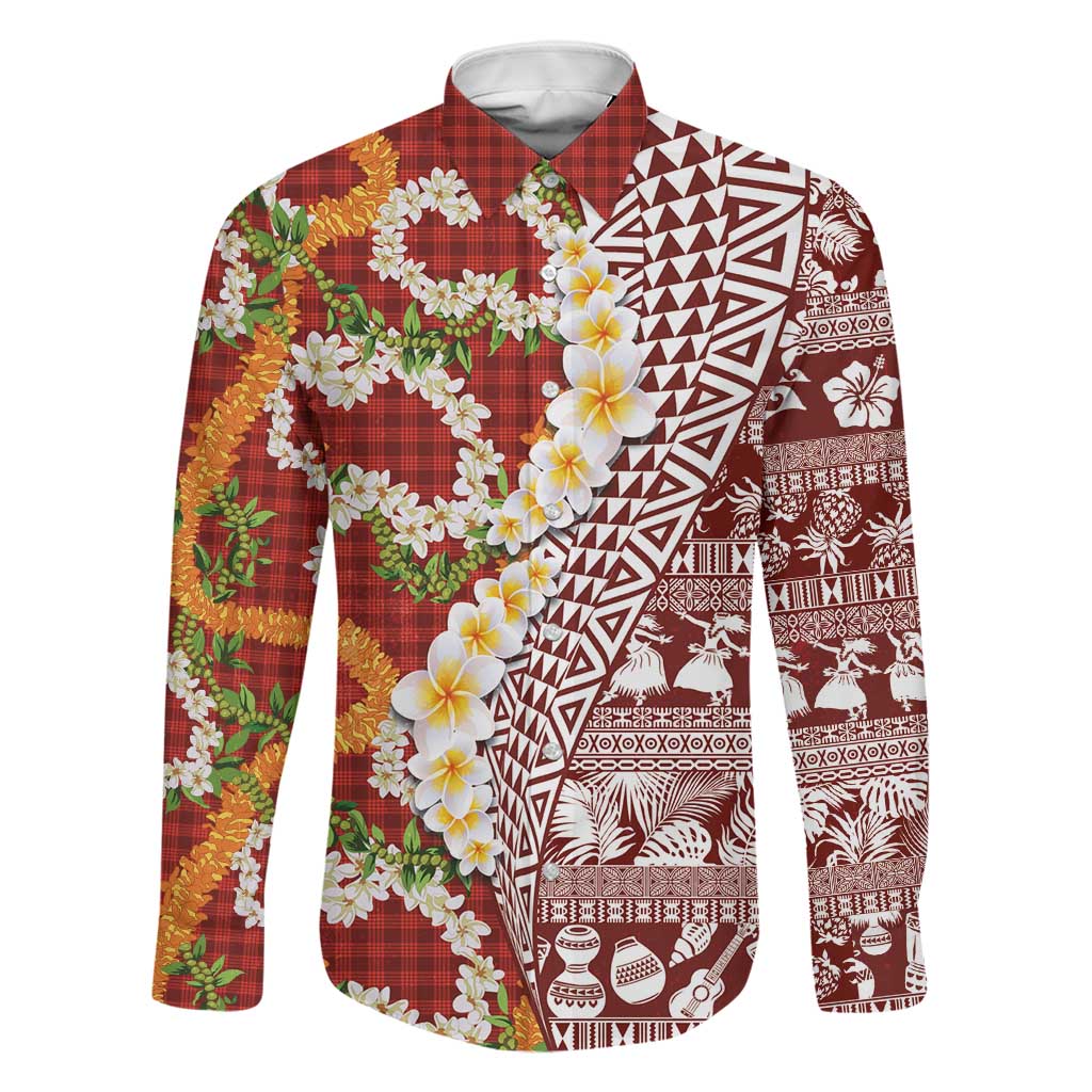 Hawaiian Plumeria Lei Family Matching Summer Maxi Dress and Hawaiian Shirt Kakau Motifs and Palaka Half Style Red Color - Polynesian Pride