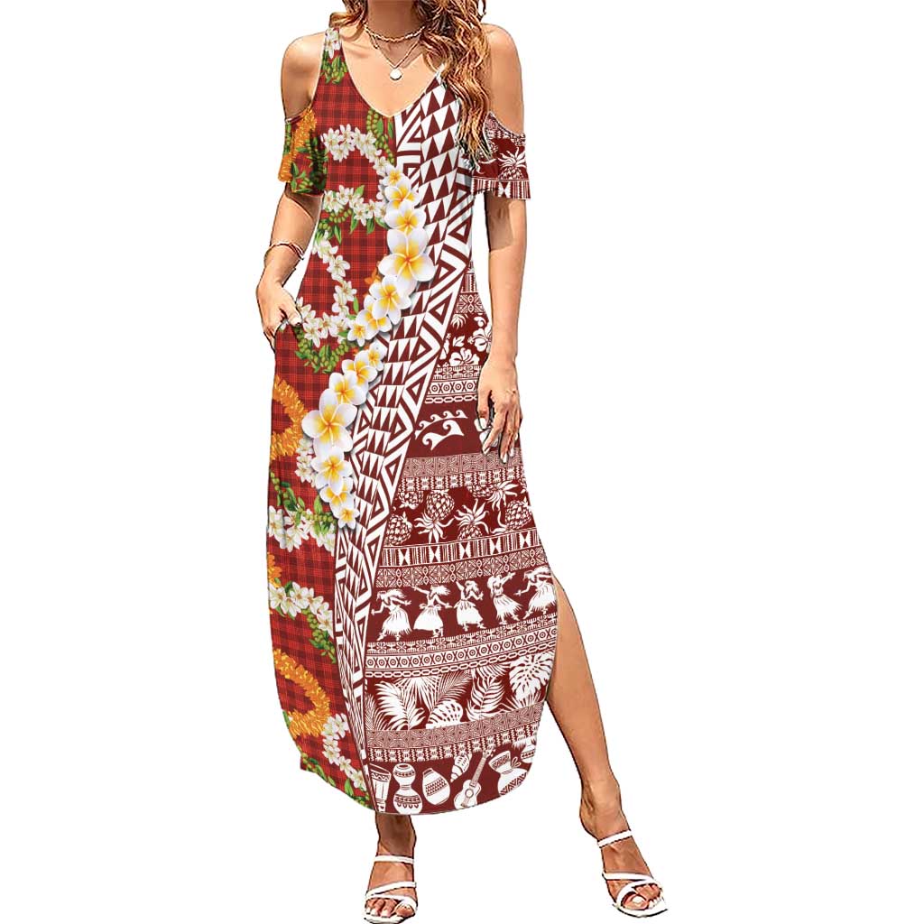 Hawaiian Plumeria Lei Family Matching Summer Maxi Dress and Hawaiian Shirt Kakau Motifs and Palaka Half Style Red Color - Polynesian Pride