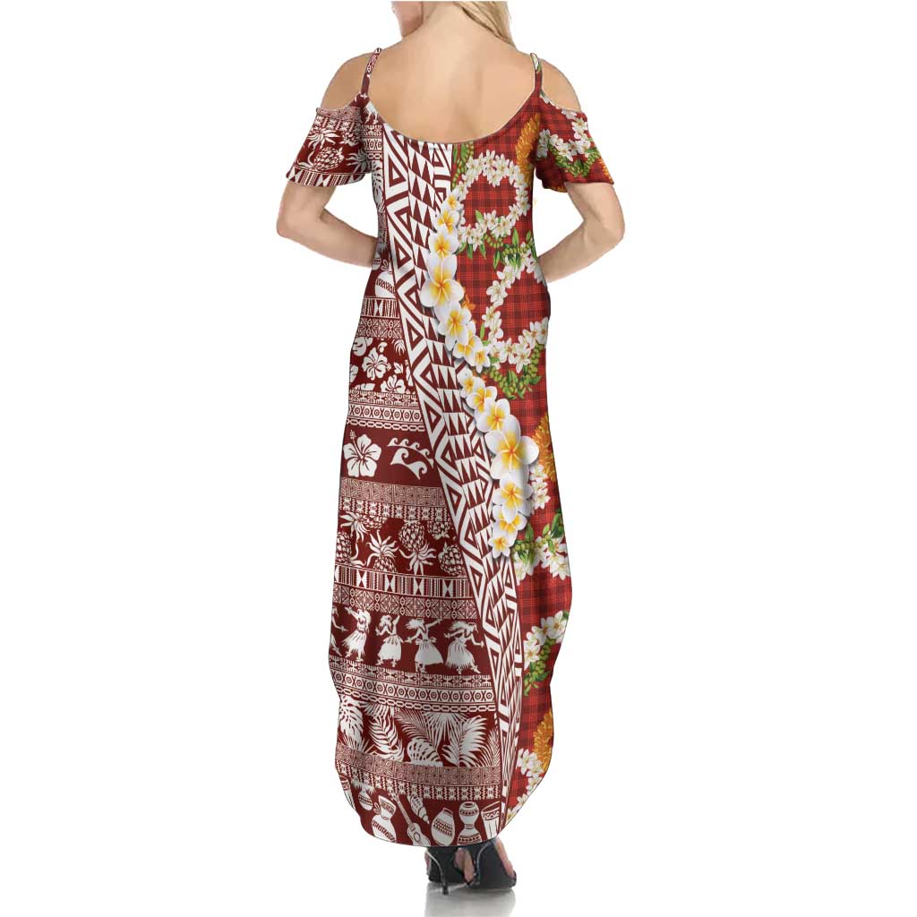 Hawaiian Plumeria Lei Family Matching Summer Maxi Dress and Hawaiian Shirt Kakau Motifs and Palaka Half Style Red Color - Polynesian Pride