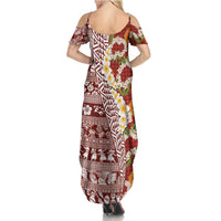 Hawaiian Plumeria Lei Family Matching Summer Maxi Dress and Hawaiian Shirt Kakau Motifs and Palaka Half Style Red Color - Polynesian Pride