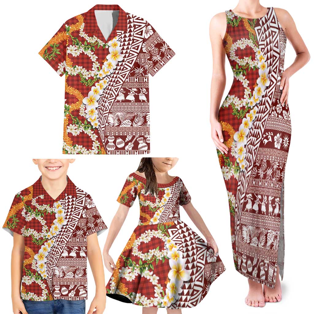 Hawaiian Plumeria Lei Family Matching Tank Maxi Dress and Hawaiian Shirt Kakau Motifs and Palaka Half Style Red Color - Polynesian Pride