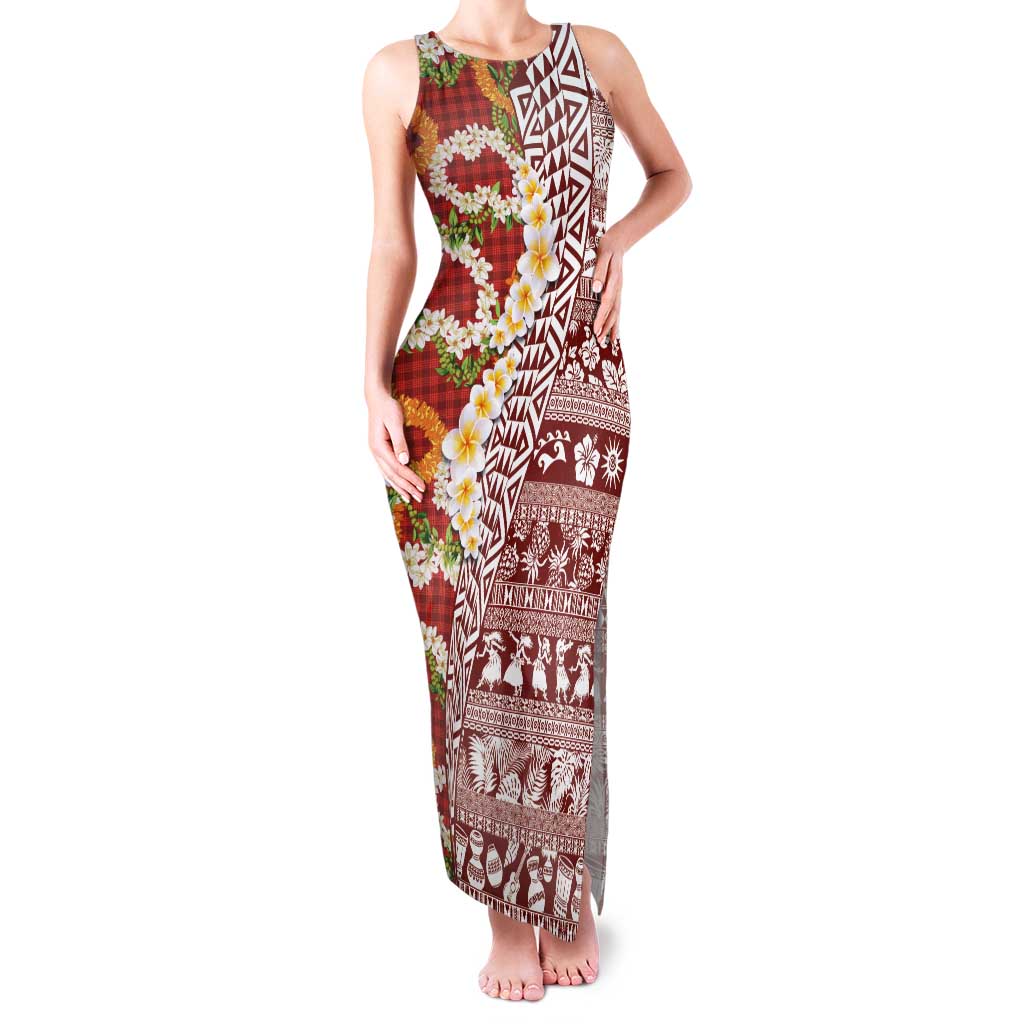 Hawaiian Plumeria Lei Family Matching Tank Maxi Dress and Hawaiian Shirt Kakau Motifs and Palaka Half Style Red Color - Polynesian Pride