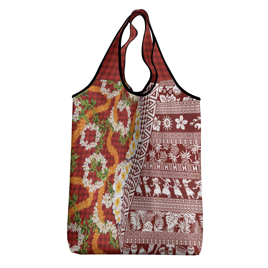 Hawaiian Plumeria Lei Grocery Bag Kakau Motifs and Palaka Half Style Red Color - Polynesian Pride