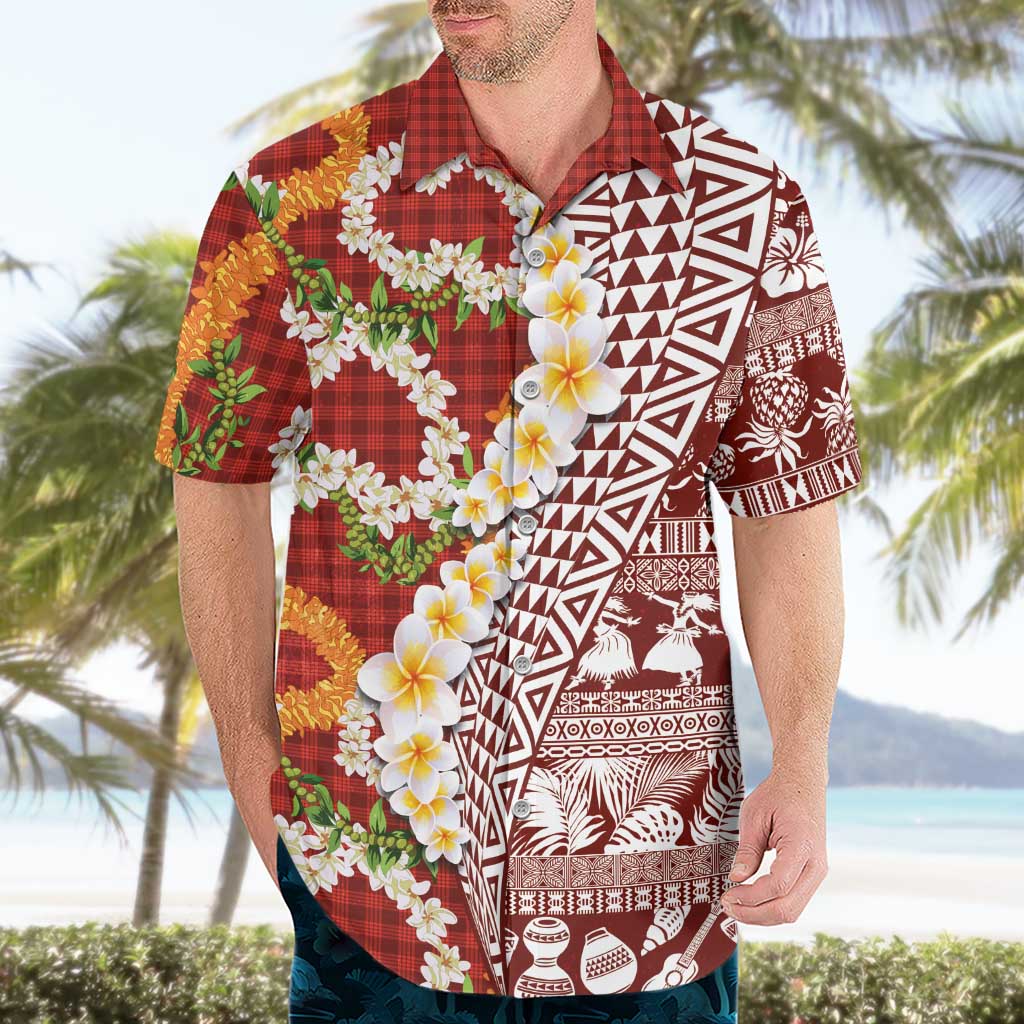 Hawaiian Plumeria Lei Hawaiian Shirt Kakau Motifs and Palaka Half Style Red Color LT03 - Polynesian Pride