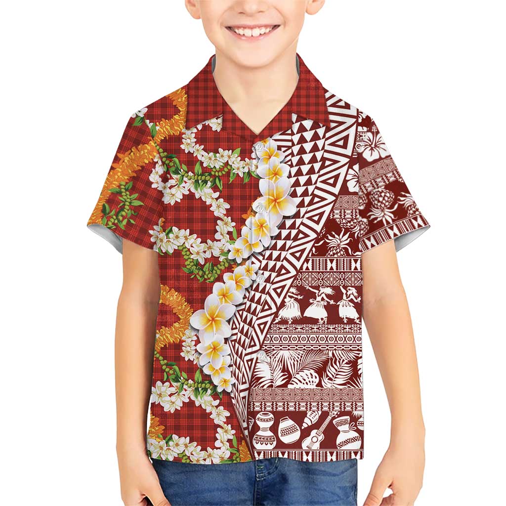 Hawaiian Plumeria Lei Hawaiian Shirt Kakau Motifs and Palaka Half Style Red Color LT03 - Polynesian Pride