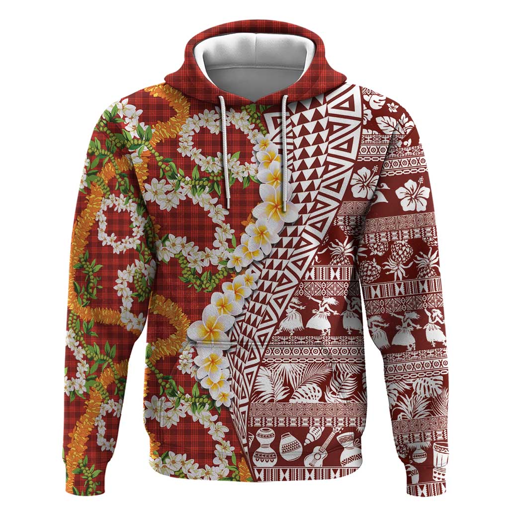 Hawaiian Plumeria Lei Hoodie Kakau Motifs and Palaka Half Style Red Color LT03 Pullover Hoodie Red - Polynesian Pride