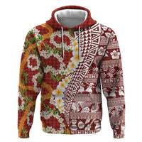 Hawaiian Plumeria Lei Hoodie Kakau Motifs and Palaka Half Style Red Color LT03 Pullover Hoodie Red - Polynesian Pride