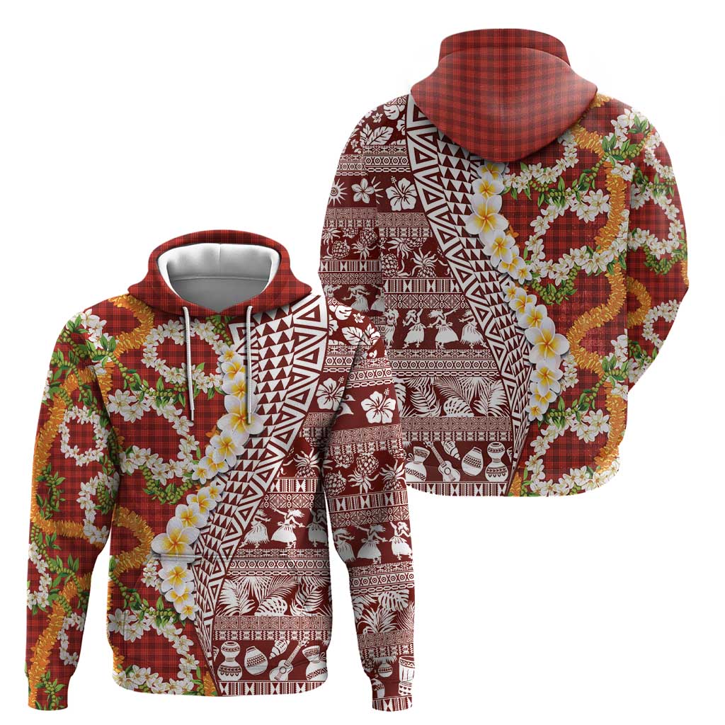 Hawaiian Plumeria Lei Hoodie Kakau Motifs and Palaka Half Style Red Color LT03 - Polynesian Pride