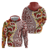 Hawaiian Plumeria Lei Hoodie Kakau Motifs and Palaka Half Style Red Color LT03 - Polynesian Pride