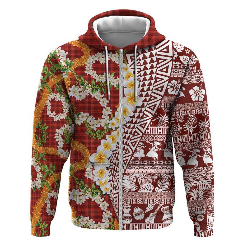 Hawaiian Plumeria Lei Hoodie Kakau Motifs and Palaka Half Style Red Color LT03 Zip Hoodie Red - Polynesian Pride