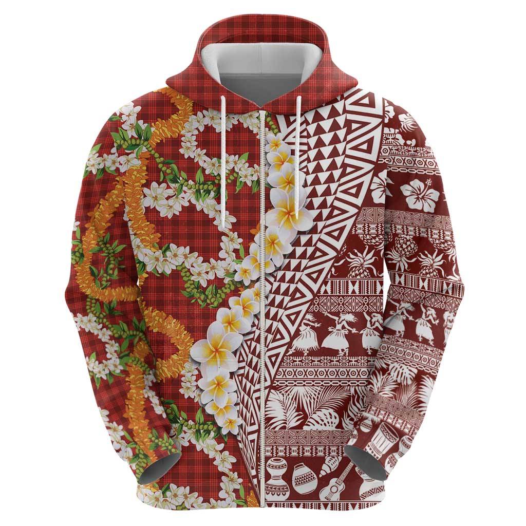 Hawaiian Plumeria Lei Hoodie Kakau Motifs and Palaka Half Style Red Color LT03 - Polynesian Pride