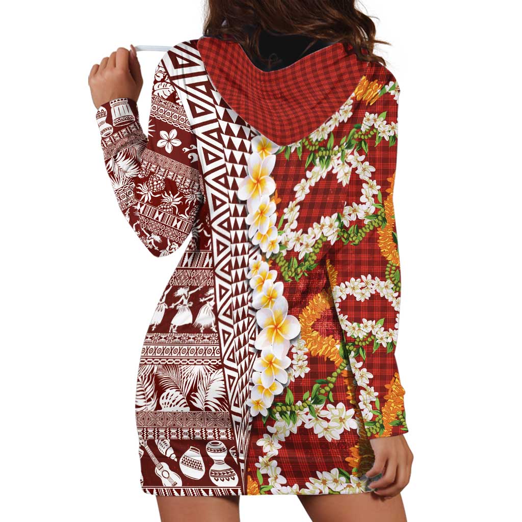 Hawaiian Plumeria Lei Hoodie Dress Kakau Motifs and Palaka Half Style Red Color - Polynesian Pride