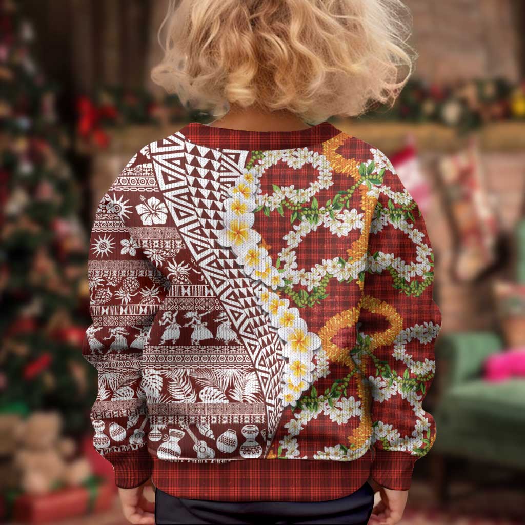 Hawaiian Plumeria Lei Kid Ugly Christmas Sweater Kakau Motifs and Palaka Half Style Red Color - Polynesian Pride