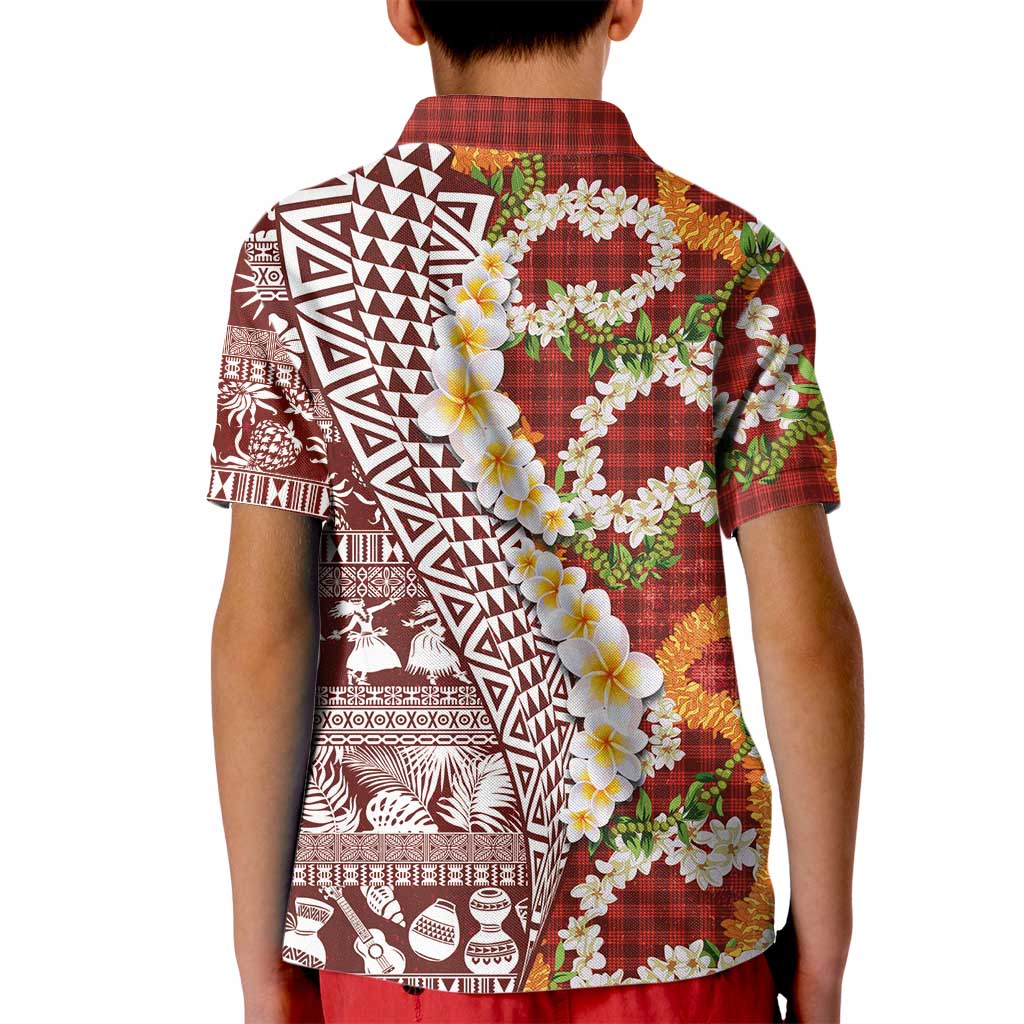 Hawaiian Plumeria Lei Kid Polo Shirt Kakau Motifs and Palaka Half Style Red Color - Polynesian Pride