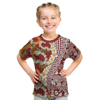 Hawaiian Plumeria Lei Kid T Shirt Kakau Motifs and Palaka Half Style Red Color LT03 Red - Polynesian Pride
