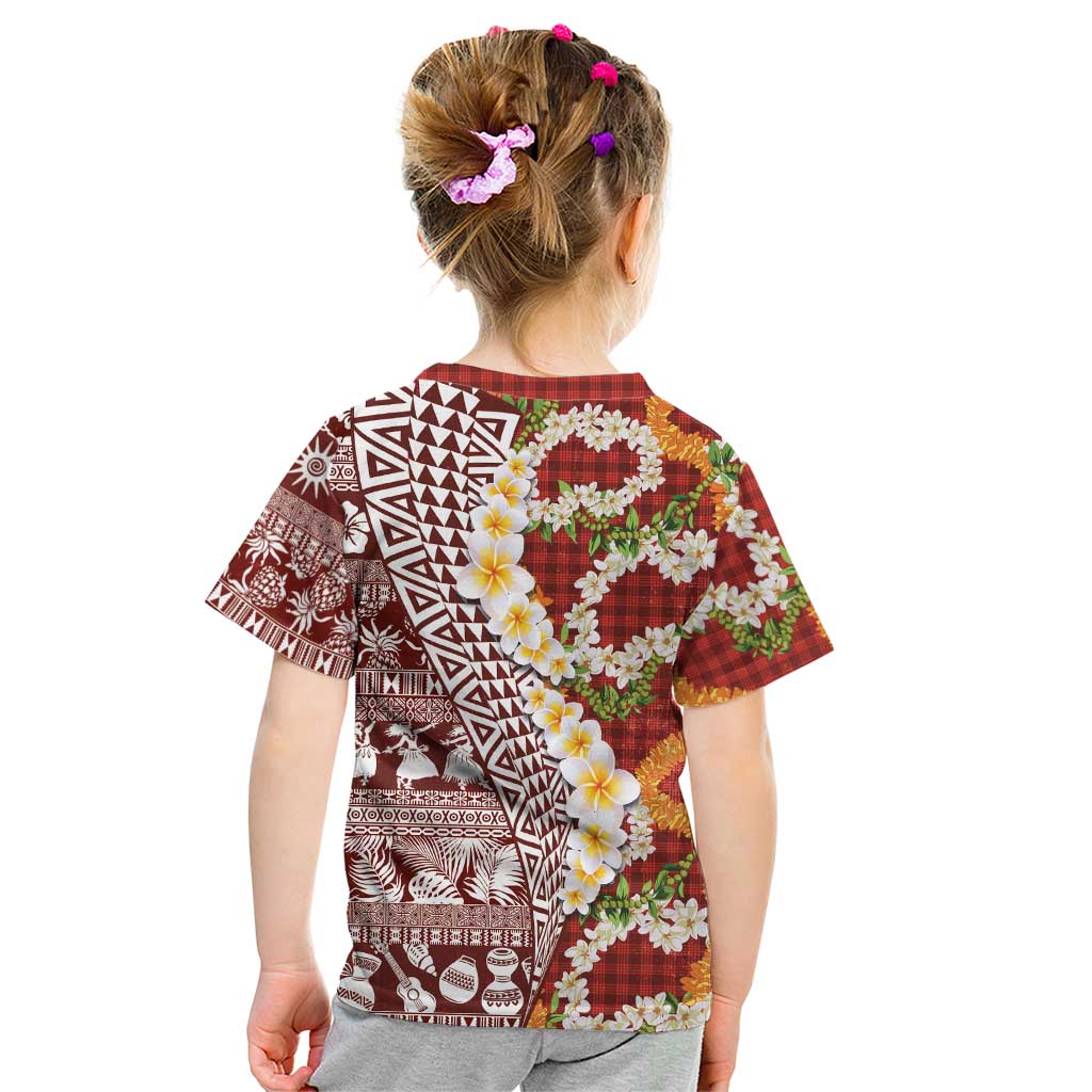 Hawaiian Plumeria Lei Kid T Shirt Kakau Motifs and Palaka Half Style Red Color LT03 - Polynesian Pride