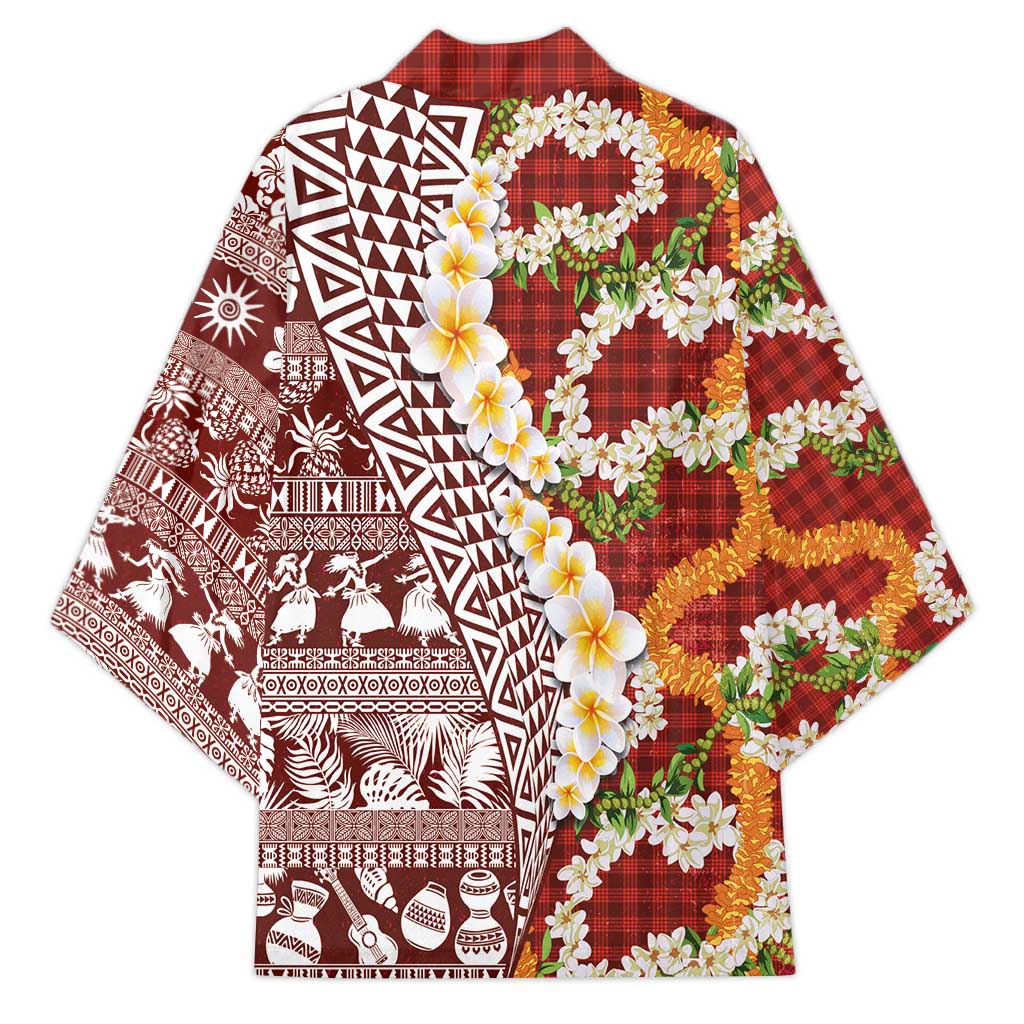 Hawaiian Plumeria Lei Kimono Kakau Motifs and Palaka Half Style Red Color LT03 - Polynesian Pride