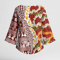 Hawaiian Plumeria Lei Kimono Sleeve Blouse Kakau Motifs and Palaka Half Style Red Color - Polynesian Pride