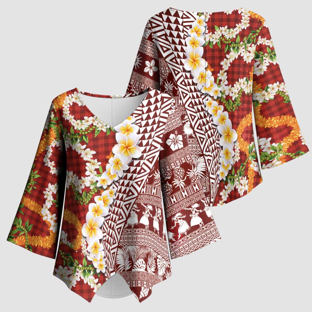 Hawaiian Plumeria Lei Kimono Sleeve Blouse Kakau Motifs and Palaka Half Style Red Color - Polynesian Pride
