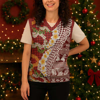 Hawaiian Plumeria Lei Christmas Knitted V-Neck Vest Kakau Motifs and Palaka Half Style Red Color - Polynesian Pride