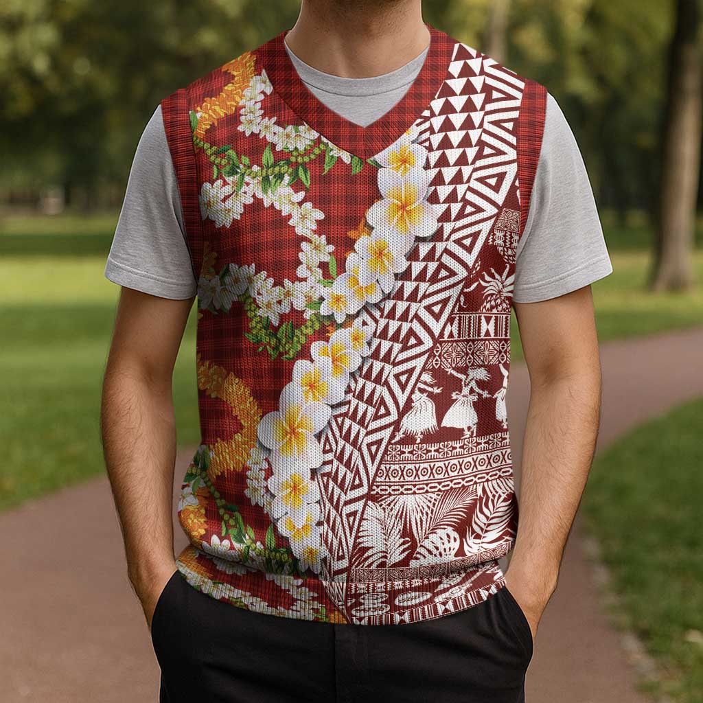 Hawaiian Plumeria Lei Christmas Knitted V-Neck Vest Kakau Motifs and Palaka Half Style Red Color - Polynesian Pride
