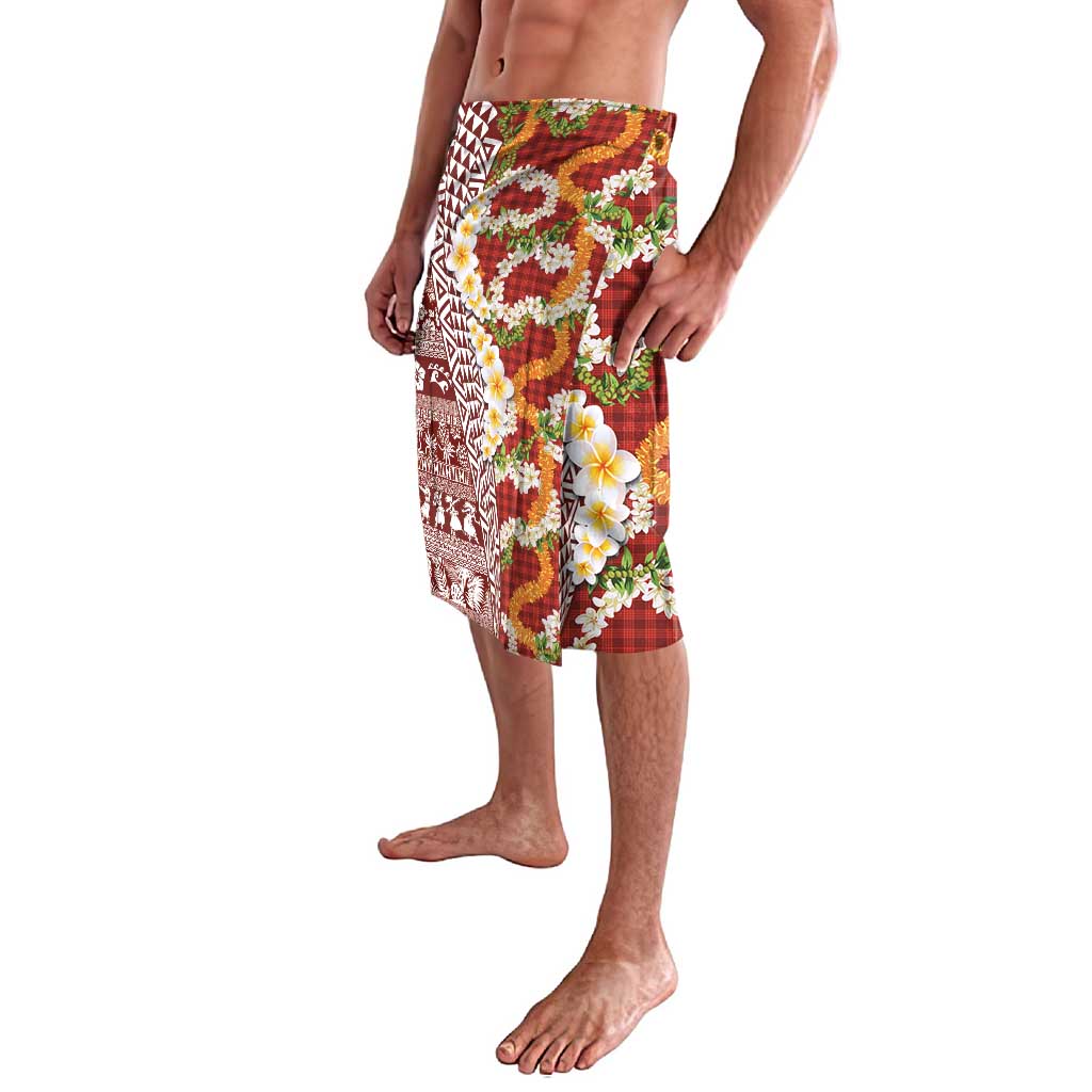 Hawaiian Plumeria Lei Lavalava Kakau Motifs and Palaka Half Style Red Color LT03 - Polynesian Pride