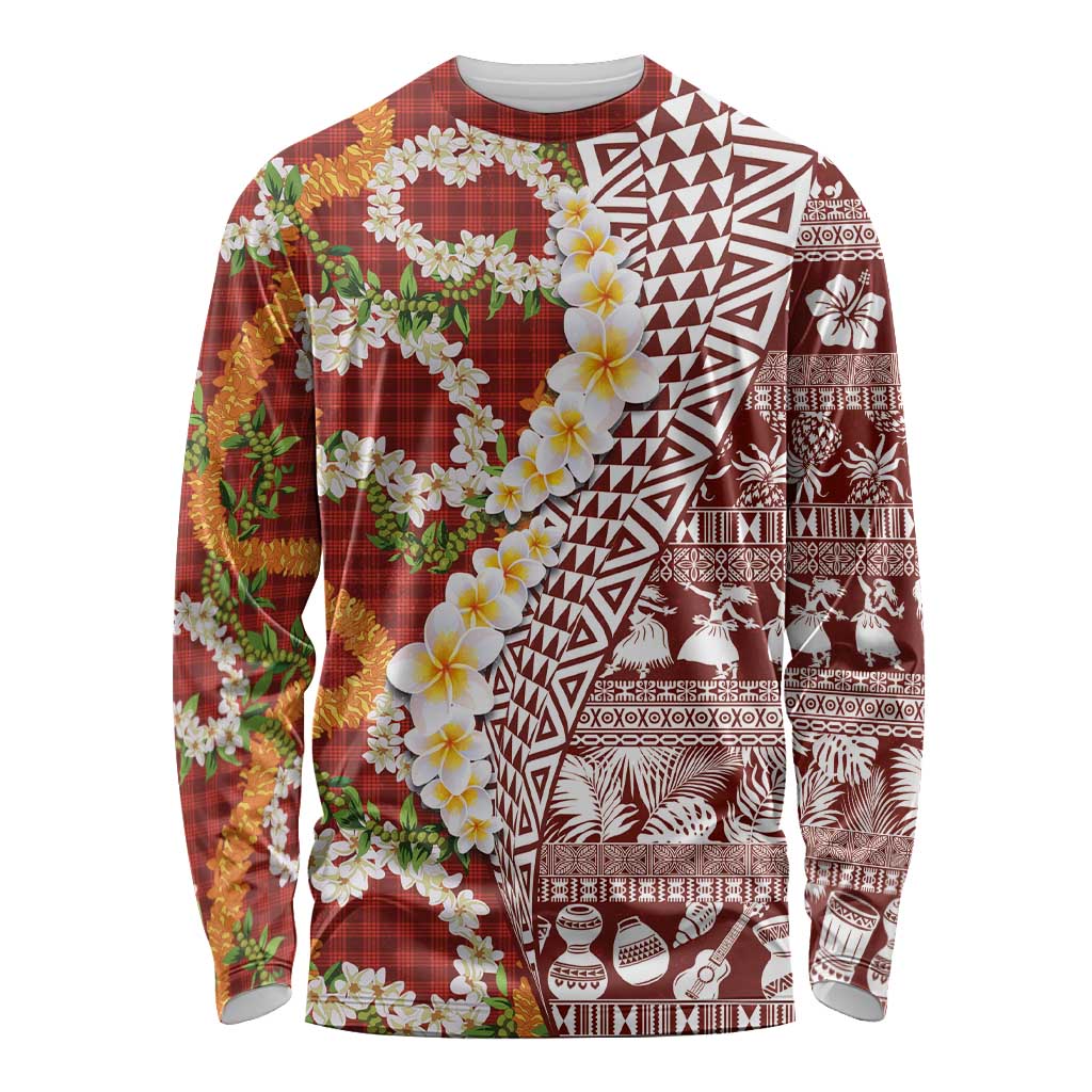 Hawaiian Plumeria Lei Long Sleeve Shirt Kakau Motifs and Palaka Half Style Red Color LT03 Unisex Red - Polynesian Pride