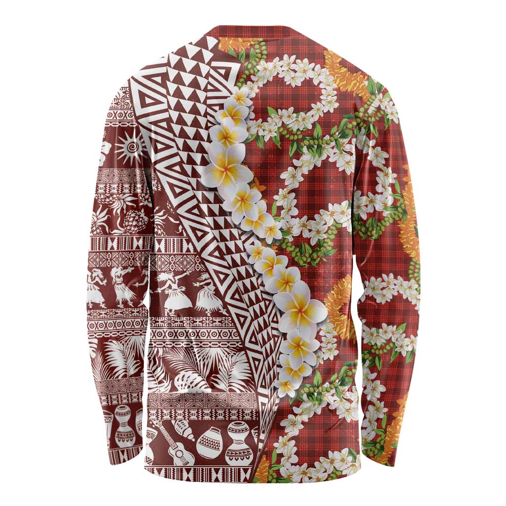 Hawaiian Plumeria Lei Long Sleeve Shirt Kakau Motifs and Palaka Half Style Red Color LT03 - Polynesian Pride