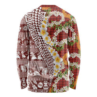 Hawaiian Plumeria Lei Long Sleeve Shirt Kakau Motifs and Palaka Half Style Red Color LT03 - Polynesian Pride