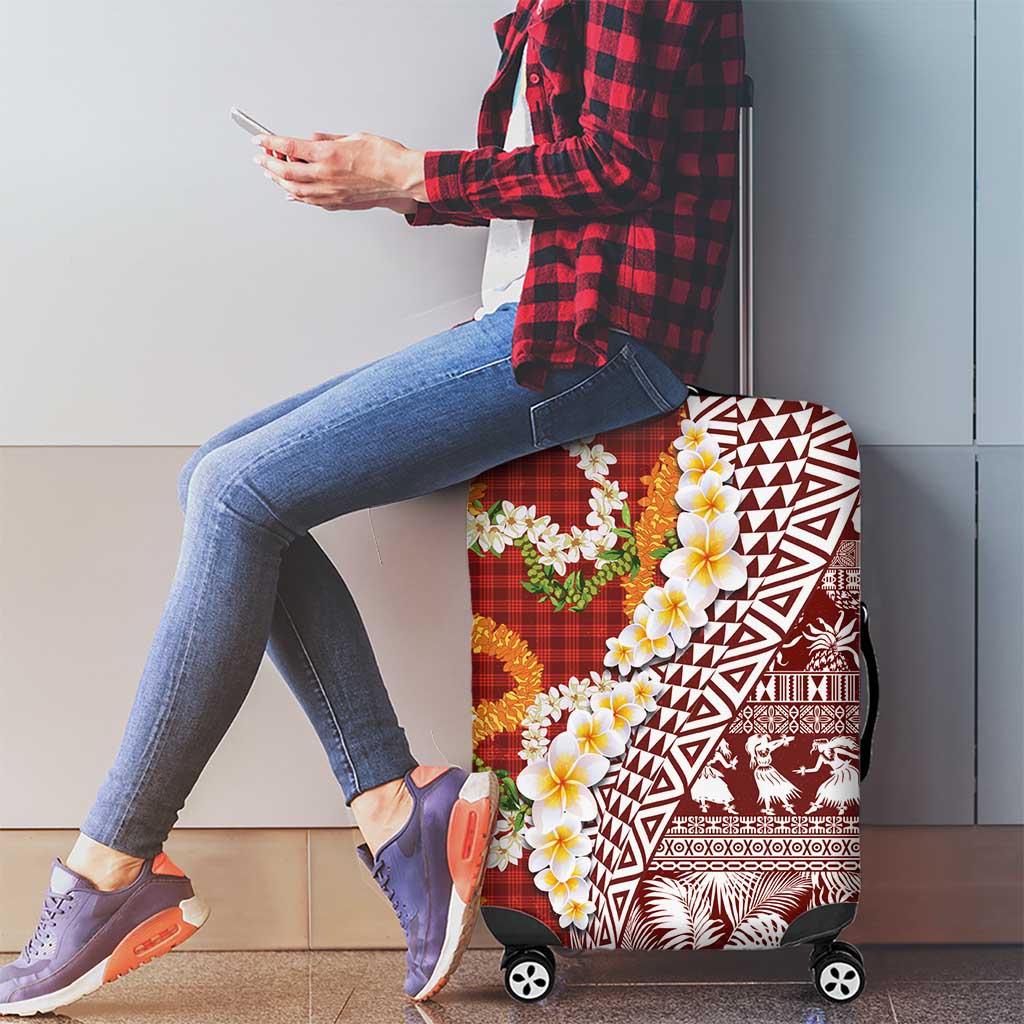 Hawaiian Plumeria Lei Luggage Cover Kakau Motifs and Palaka Half Style Red Color - Polynesian Pride
