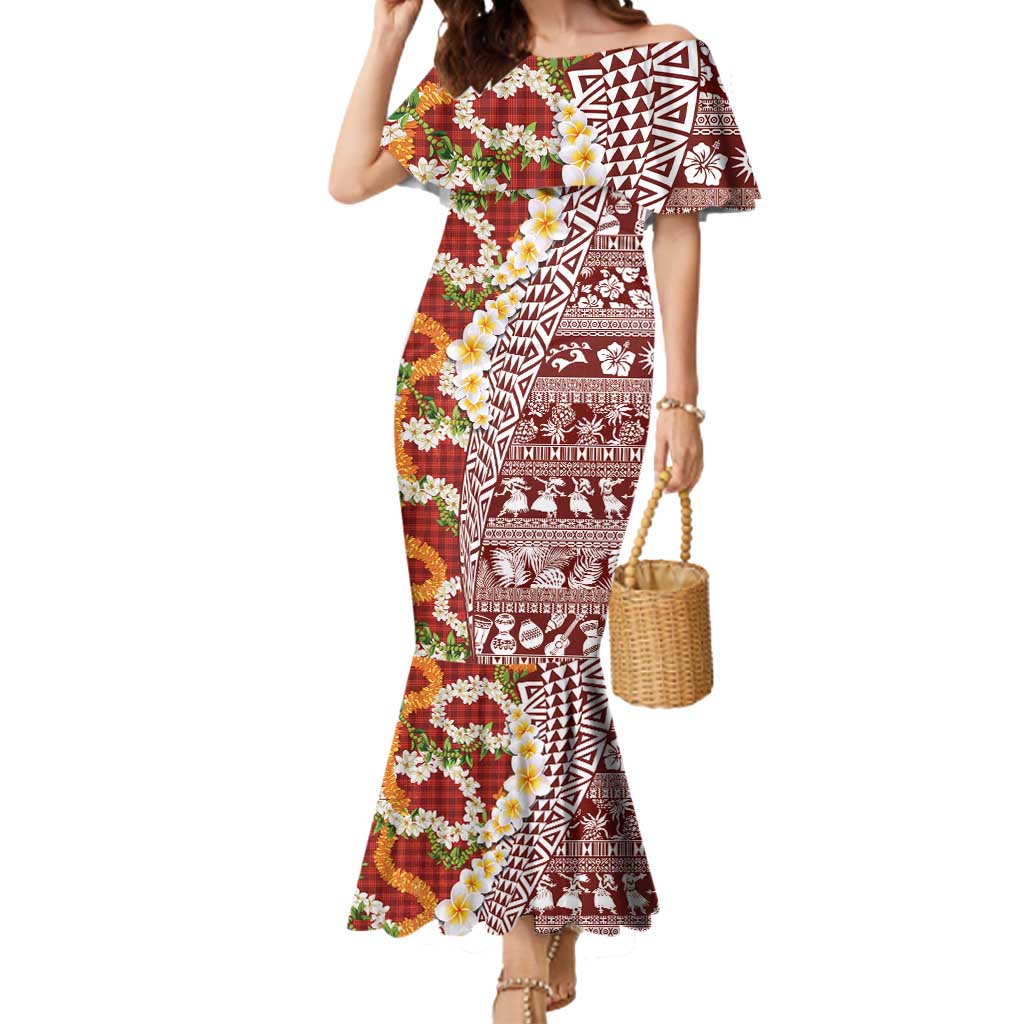Hawaiian Plumeria Lei Mermaid Dress Kakau Motifs and Palaka Half Style Red Color - Polynesian Pride