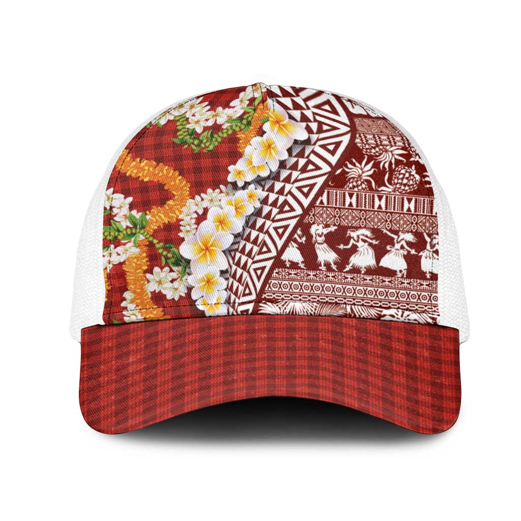 Hawaiian Plumeria Lei Mesh Trucker Cap Kakau Motifs and Palaka Half Style Red Color - Polynesian Pride