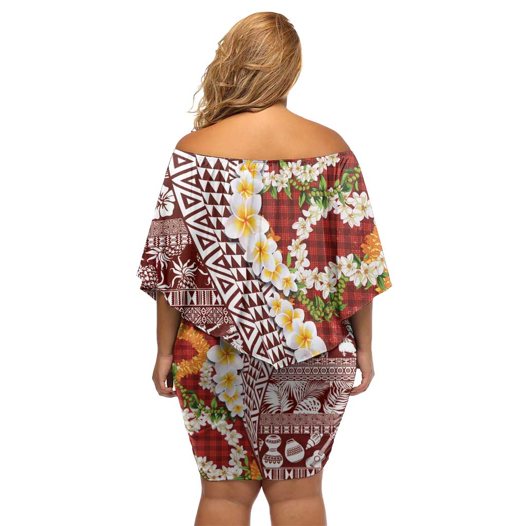 Hawaiian Plumeria Lei Off Shoulder Short Dress Kakau Motifs and Palaka Half Style Red Color LT03 - Polynesian Pride