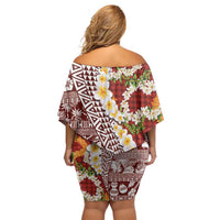 Hawaiian Plumeria Lei Off Shoulder Short Dress Kakau Motifs and Palaka Half Style Red Color LT03 - Polynesian Pride