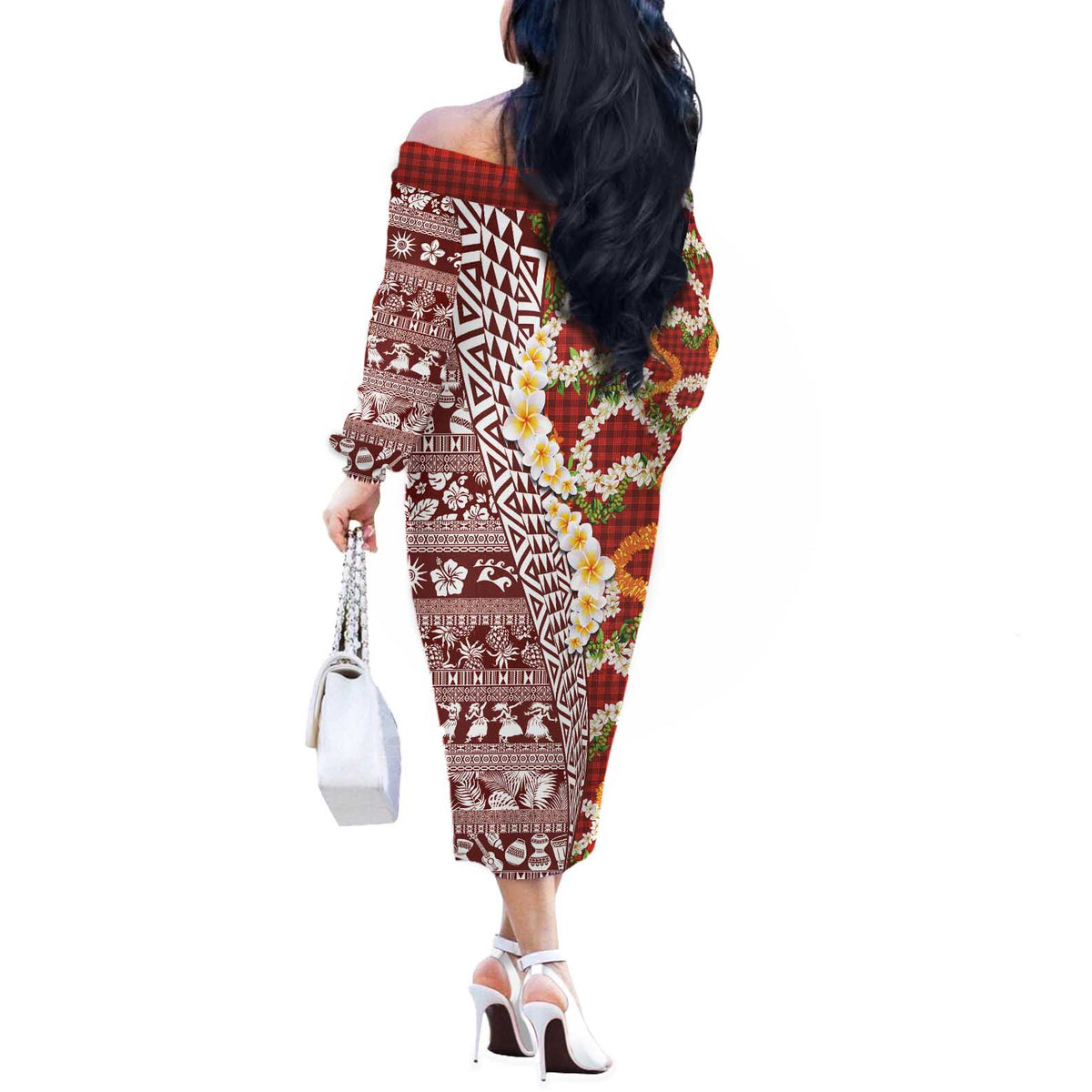 Hawaiian Plumeria Lei Off The Shoulder Long Sleeve Dress Kakau Motifs and Palaka Half Style Red Color - Polynesian Pride