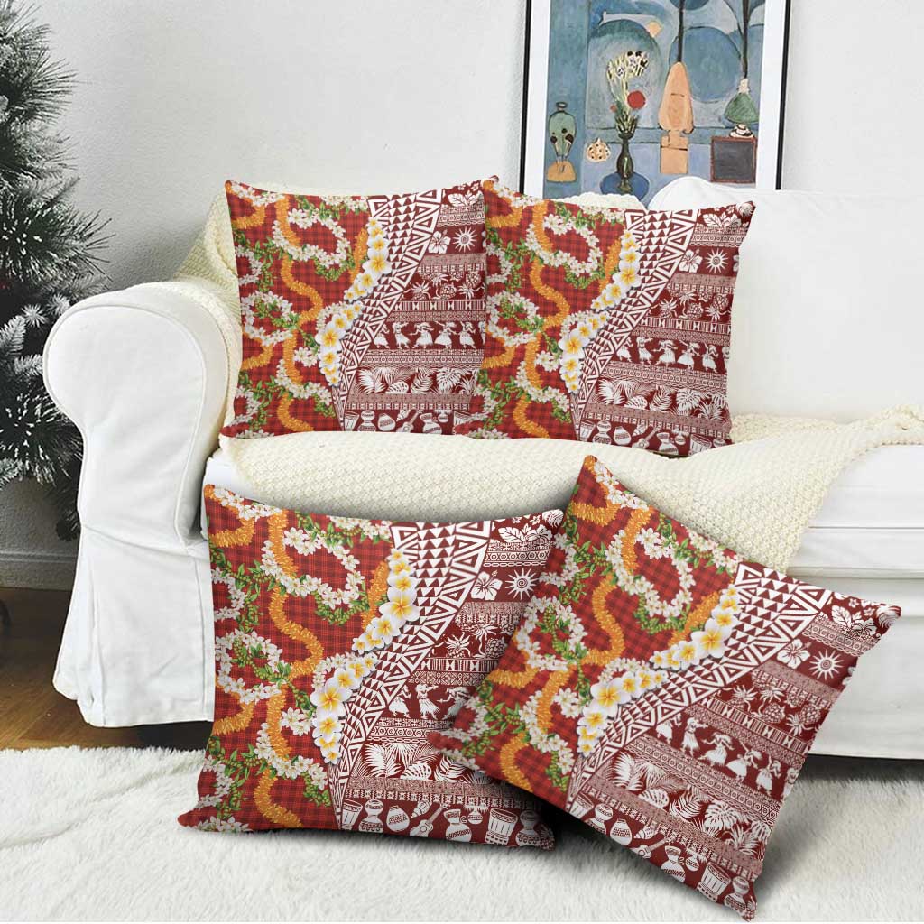 Hawaiian Plumeria Lei Pillow Cover Kakau Motifs and Palaka Half Style Red Color - Polynesian Pride
