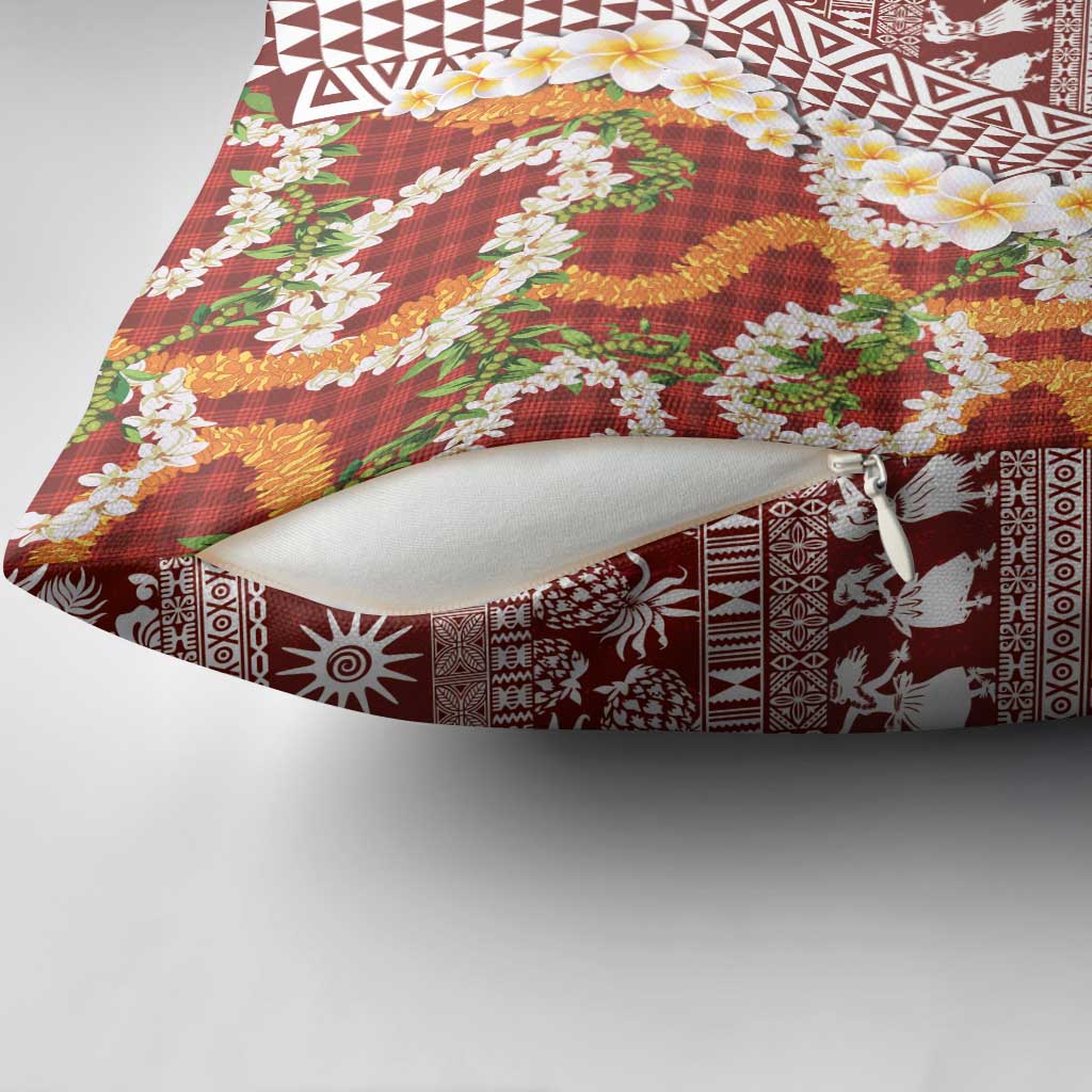 Hawaiian Plumeria Lei Pillow Cover Kakau Motifs and Palaka Half Style Red Color - Polynesian Pride