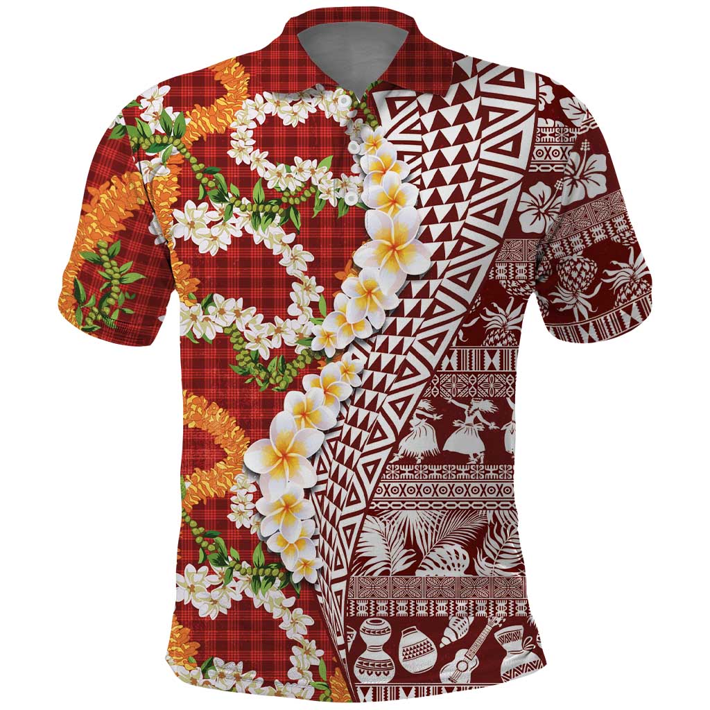 Hawaiian Plumeria Lei Polo Shirt Kakau Motifs and Palaka Half Style Red Color LT03 Red - Polynesian Pride
