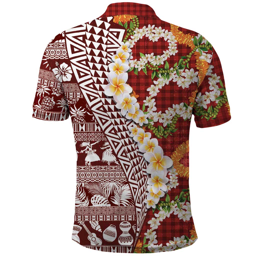 Hawaiian Plumeria Lei Polo Shirt Kakau Motifs and Palaka Half Style Red Color LT03 - Polynesian Pride