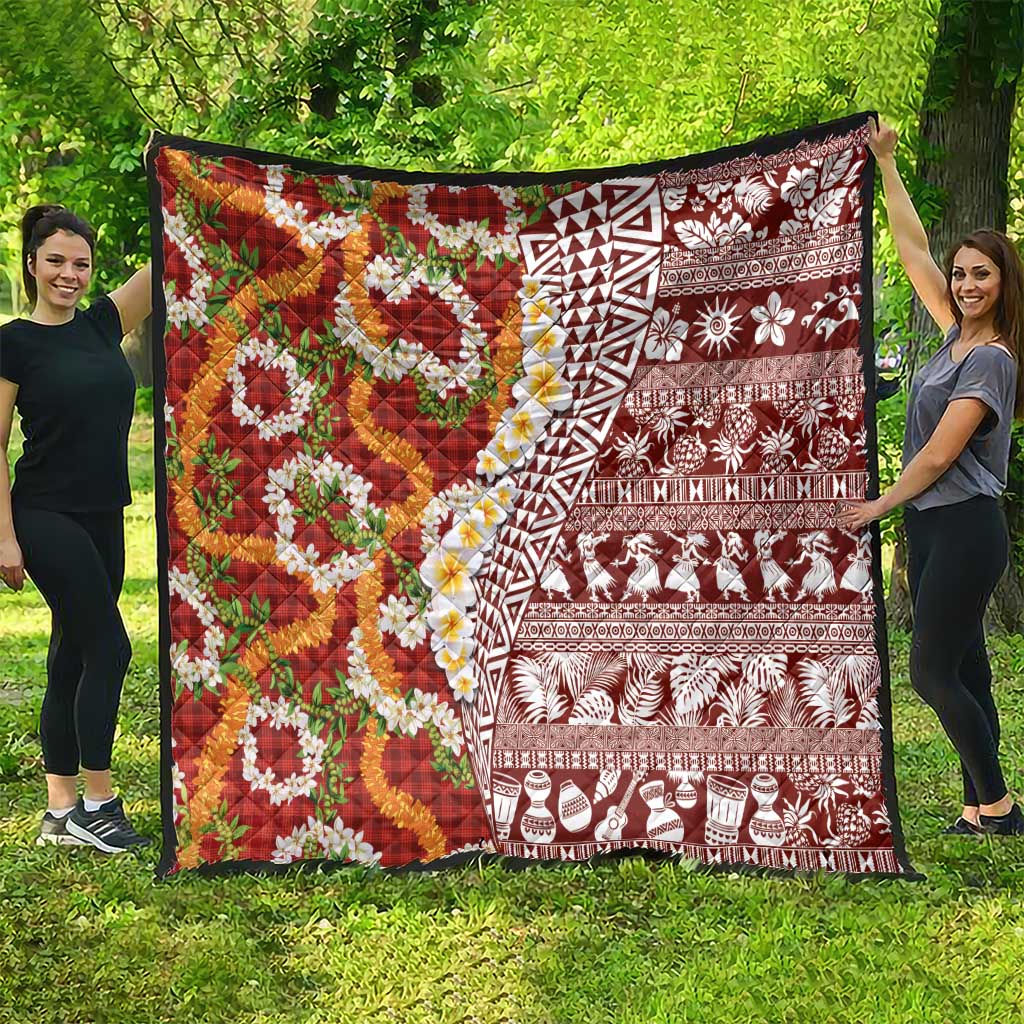 Hawaiian Plumeria Lei Quilt Kakau Motifs and Palaka Half Style Red Color LT03 - Polynesian Pride