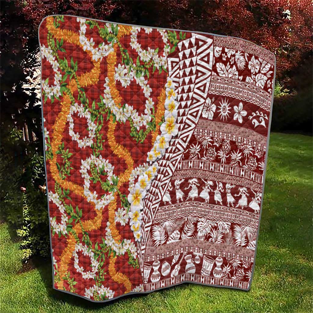 Hawaiian Plumeria Lei Quilt Kakau Motifs and Palaka Half Style Red Color LT03 - Polynesian Pride