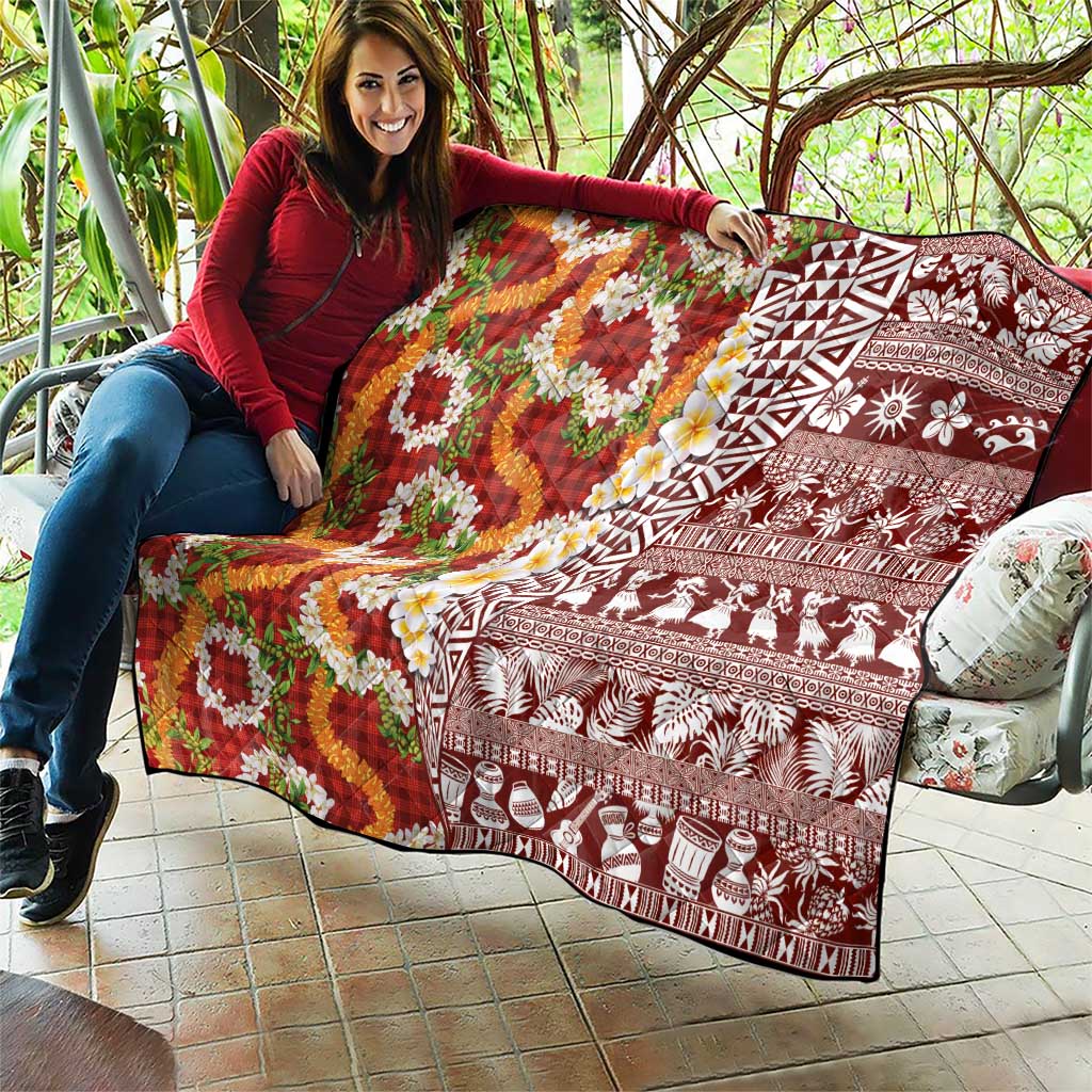 Hawaiian Plumeria Lei Quilt Kakau Motifs and Palaka Half Style Red Color LT03 - Polynesian Pride