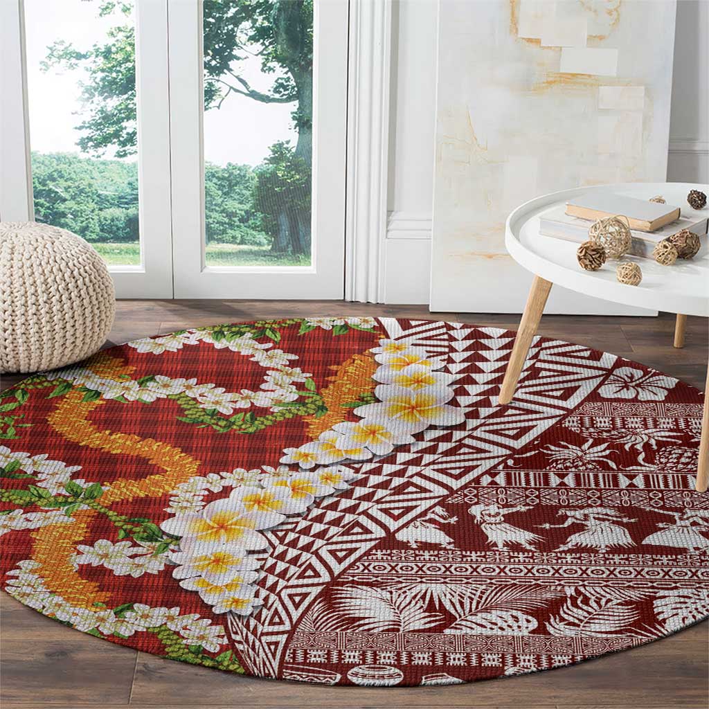 Hawaiian Plumeria Lei Round Carpet Kakau Motifs and Palaka Half Style Red Color LT03 - Polynesian Pride