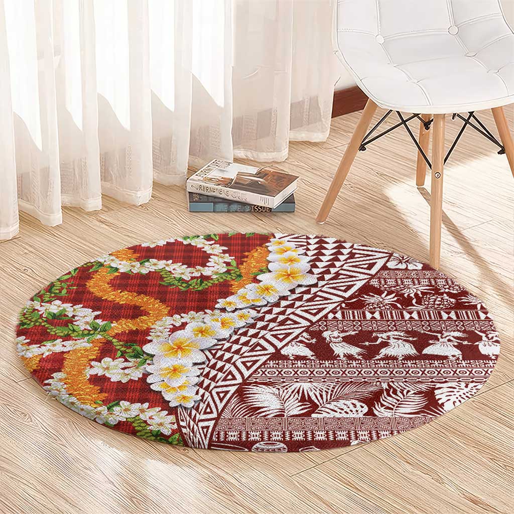 Hawaiian Plumeria Lei Round Carpet Kakau Motifs and Palaka Half Style Red Color LT03 - Polynesian Pride